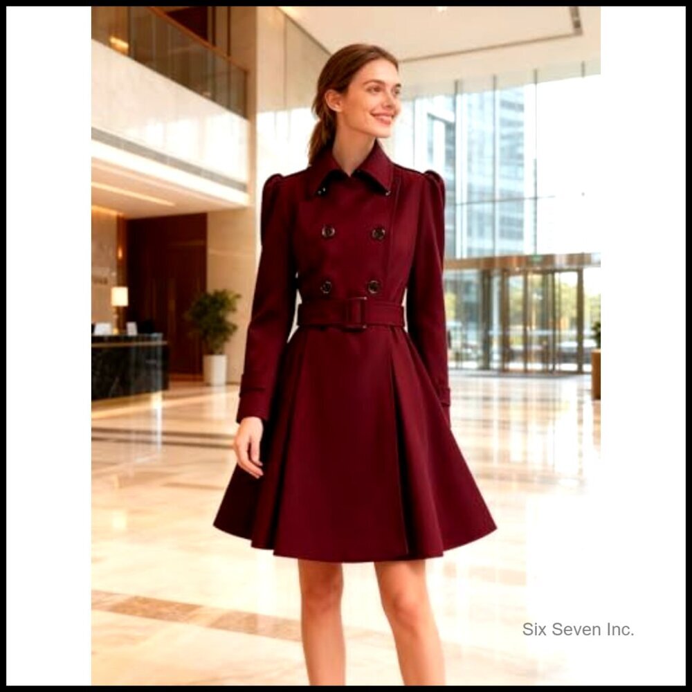 Wool Pea Coat with Belt, Double Breasted, Fitted Flared Overcoat for Winter - Picture 2 of 7